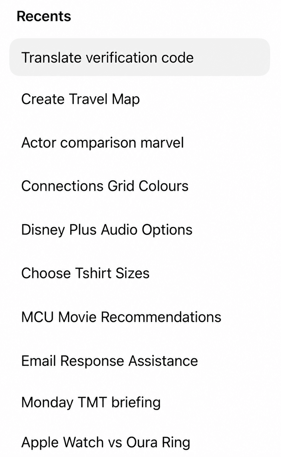 A cropped list of recent ChatGPT chats, including travel planning, film recommendations, email help and a Monday TMT briefing
