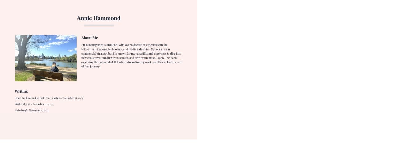 The original Annie Hammond homepage, with a pale pink background, portrait, short About Me section and three writing links
